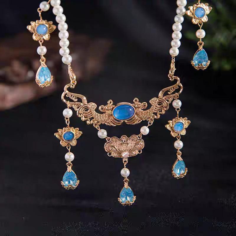 Blue Teardrop Pendant Ancient-Style Necklace - "Floating Raindrop Zero"